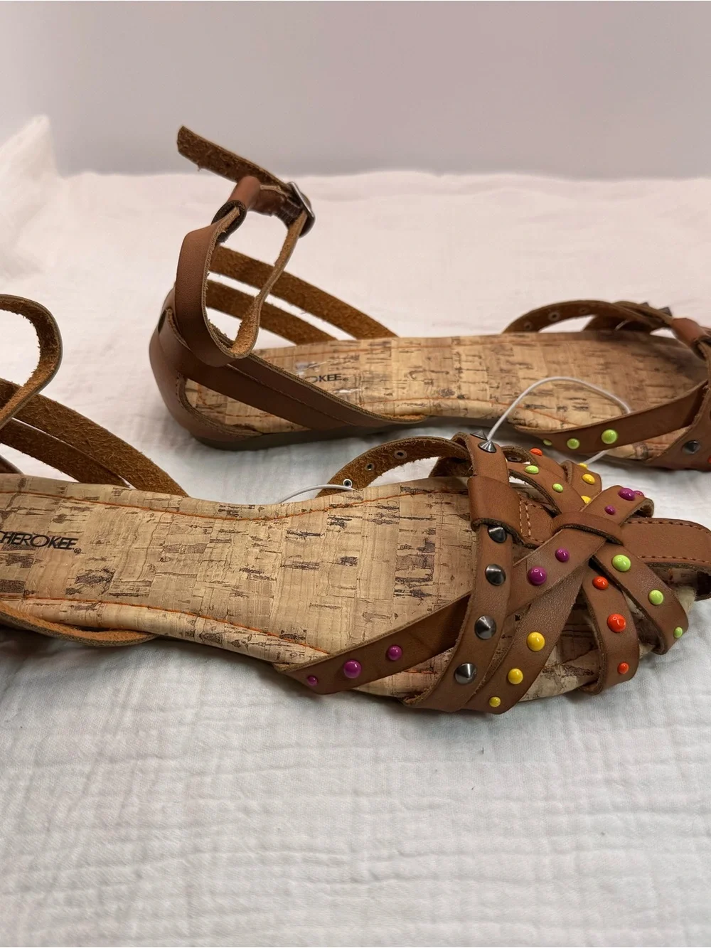 NEW Cherokee Women’s Brown Studded Ankle-Strap Sandals - Multicolor Stud Detail
